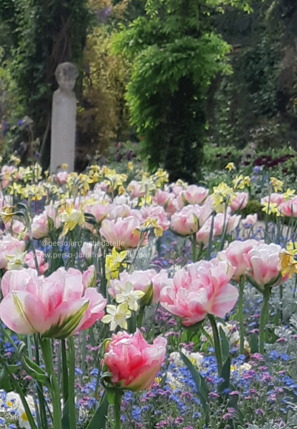 Le magnifique parterre et la statue devant l'allée