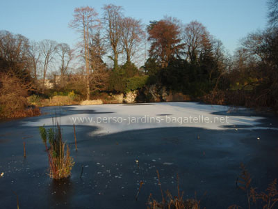 Pièce d'eau des nymphéas  gelée et enneigée