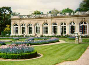 Le parterre franais de l'Orangerie , notes de bleu et rose, tulipes et myosotis
