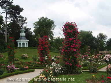 Vue de la roseraie en fleurs, avec le kiosque de l'impératrice